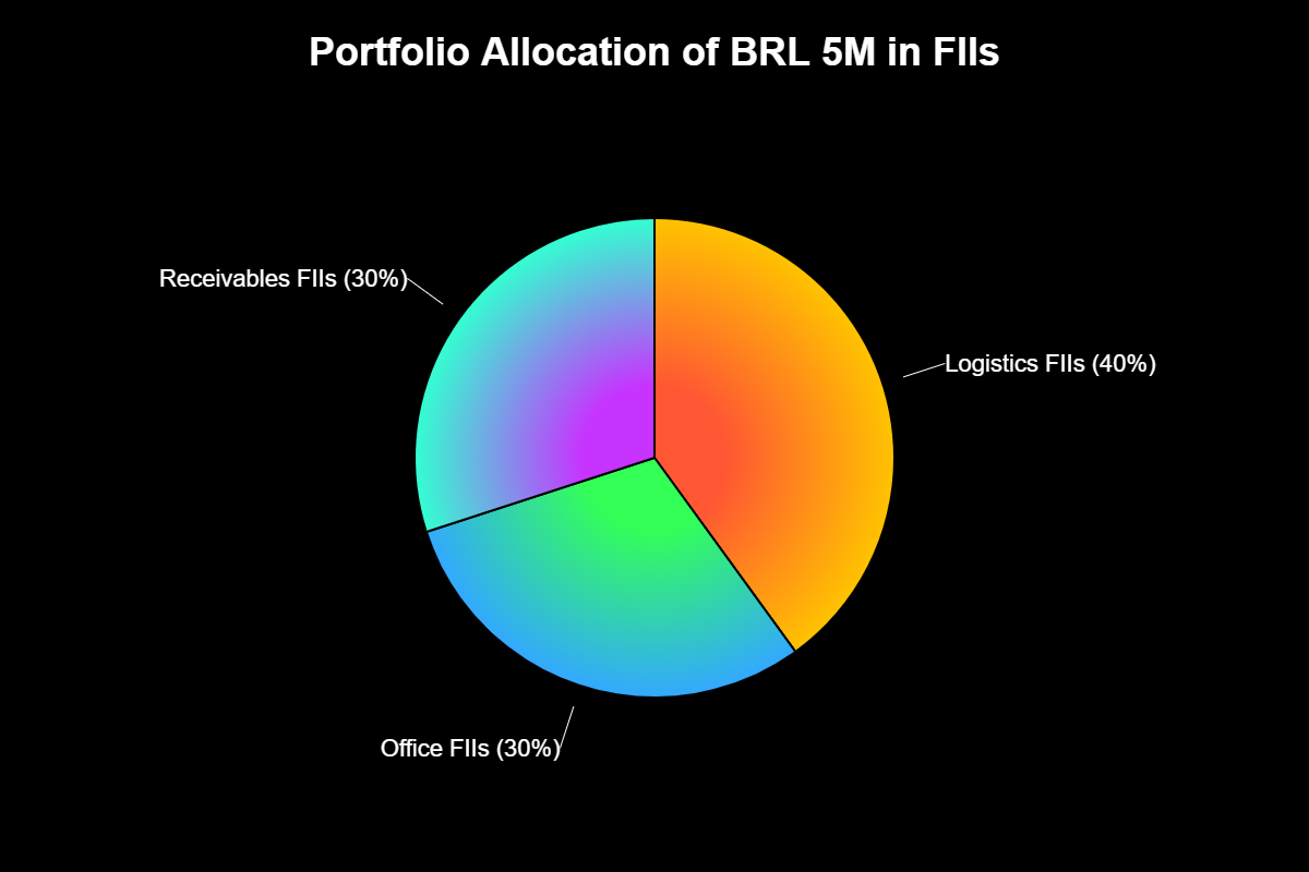 Quanto Rende 5 Milhões em Fundos Imobiliários? 3 "Distribuição de R$ 5 milhões em FIIs: 40% logística, 30% escritórios, 30% recebíveis
